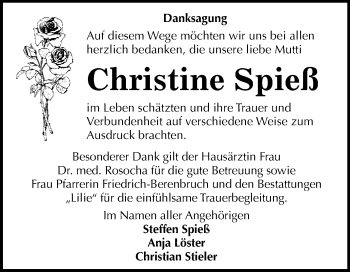 Traueranzeige von Christine Spieß von WVG - Wochenspiegel Dessau / Köthen