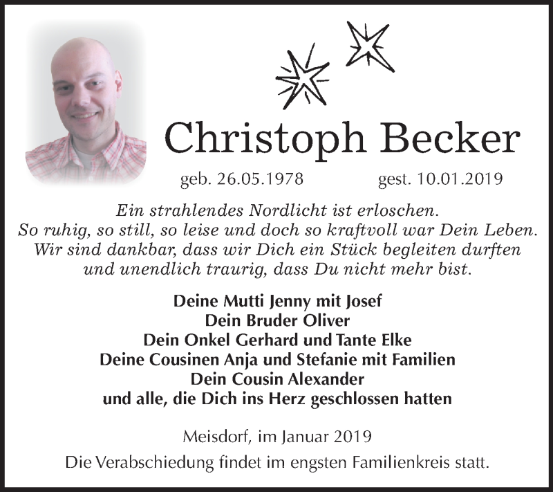  Traueranzeige für Christoph Becker vom 19.01.2019 aus Mitteldeutsche Zeitung Quedlinburg