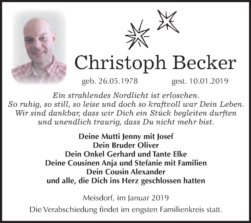  Traueranzeige für Christoph Becker vom 19.01.2019 aus WVG - Wochenspiegel Quedlinburg