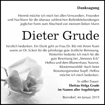 Traueranzeige von Dieter Grude von Wochenspiegel Mansfelder Land