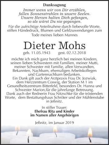 Traueranzeige von Dieter Mohs von WVG - Wochenspiegel Bitterfeld