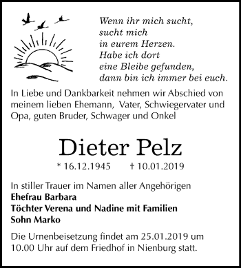 Traueranzeige von Dieter Pelz von Mitteldeutsche Zeitung Bernburg