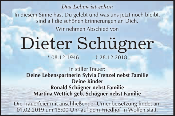 Traueranzeige von Dieter Schügner von WVG - Wochenspiegel Bitterfeld