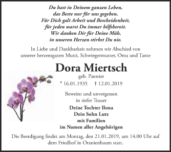 Traueranzeige von Dora Miertsch von WVG - Wochenspiegel Dessau / Köthen