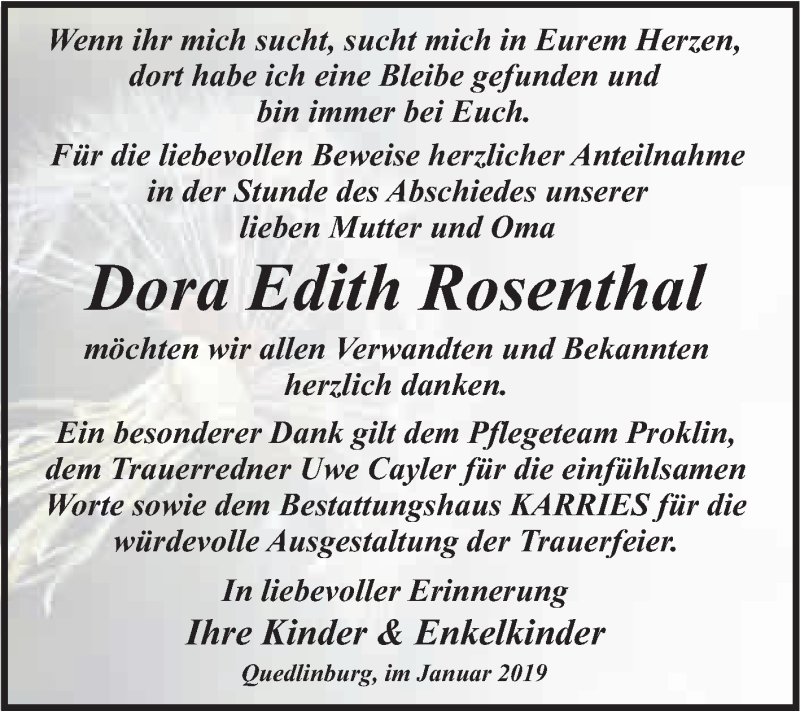  Traueranzeige für Dora Edith Rosenthal vom 26.01.2019 aus WVG - Wochenspiegel Quedlinburg
