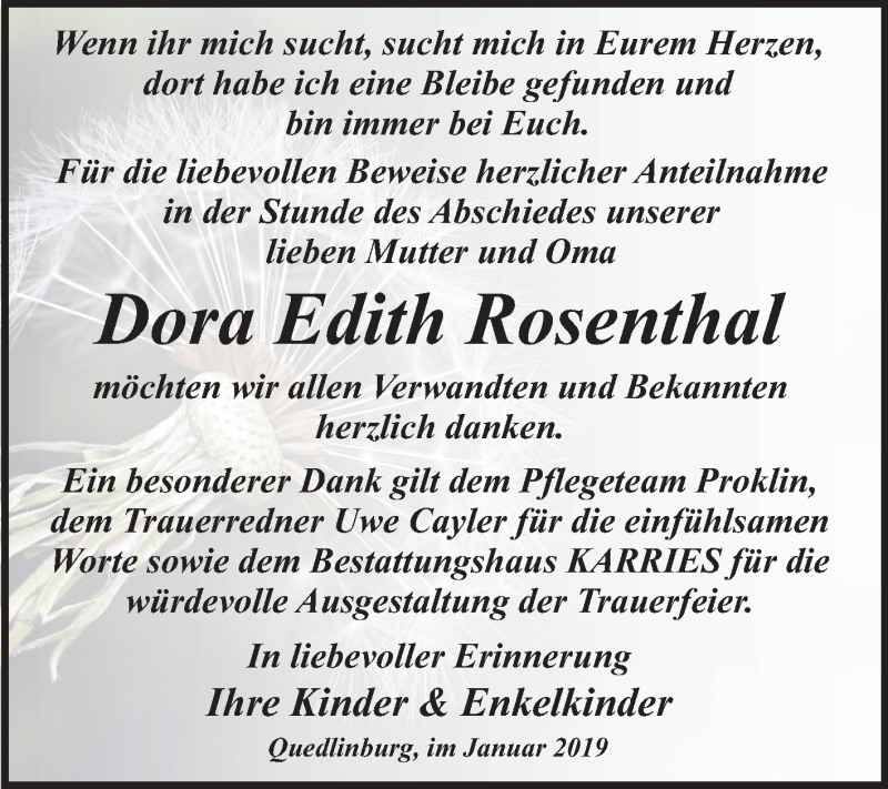  Traueranzeige für Dora Edith Rosenthal vom 26.01.2019 aus Mitteldeutsche Zeitung Quedlinburg