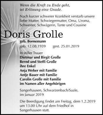 Traueranzeige von Doris Grolle von Mitteldeutsche Zeitung Sangerhausen