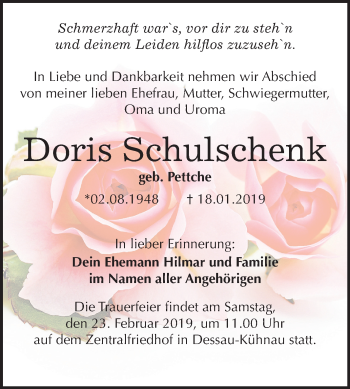 Traueranzeige von Doris Schulschenk von Mitteldeutsche Zeitung Dessau-Roßlau