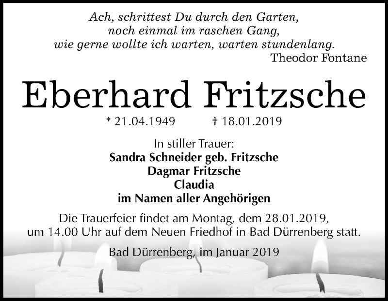  Traueranzeige für Eberhard Fritzsche vom 25.01.2019 aus Mitteldeutsche Zeitung Merseburg/Querfurt