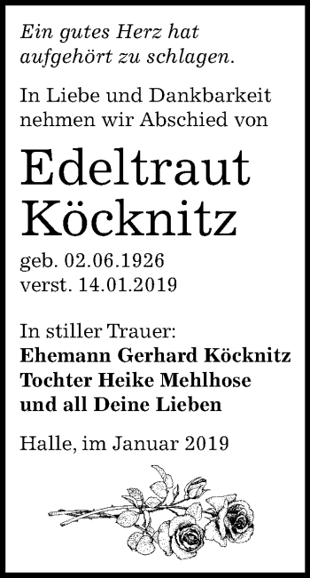 Traueranzeige von Edeltraut Köcknitz von Mitteldeutsche Zeitung Halle/Saalkreis