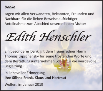 Traueranzeige von Edith Henschler von WVG - Wochenspiegel Bitterfeld