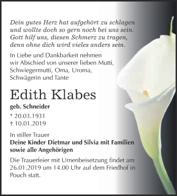 Traueranzeige von Edith Klabes von WVG - Wochenspiegel Bitterfeld