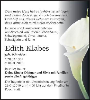 Traueranzeige von Edith Klabes von Mitteldeutsche Zeitung Bitterfeld