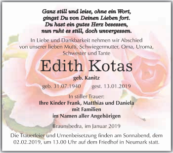 Traueranzeige von Edith Kotas von WVG - Wochenspiegel Merseburg