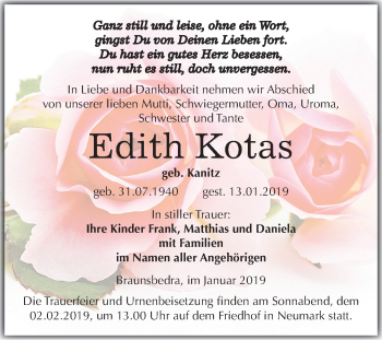Traueranzeige von Edith Kotas von Mitteldeutsche Zeitung Merseburg/Querfurt