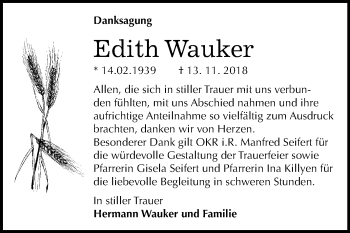 Traueranzeige von Edith Wauker von Mitteldeutsche Zeitung Dessau-Roßlau