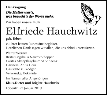 Traueranzeige von Elfriede Hauchwitz von Mitteldeutsche Zeitung Bitterfeld