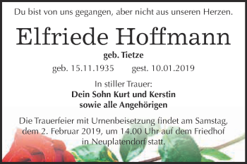 Traueranzeige von Elfriede Hoffmann von Super Sonntag SGH Mansf. Land