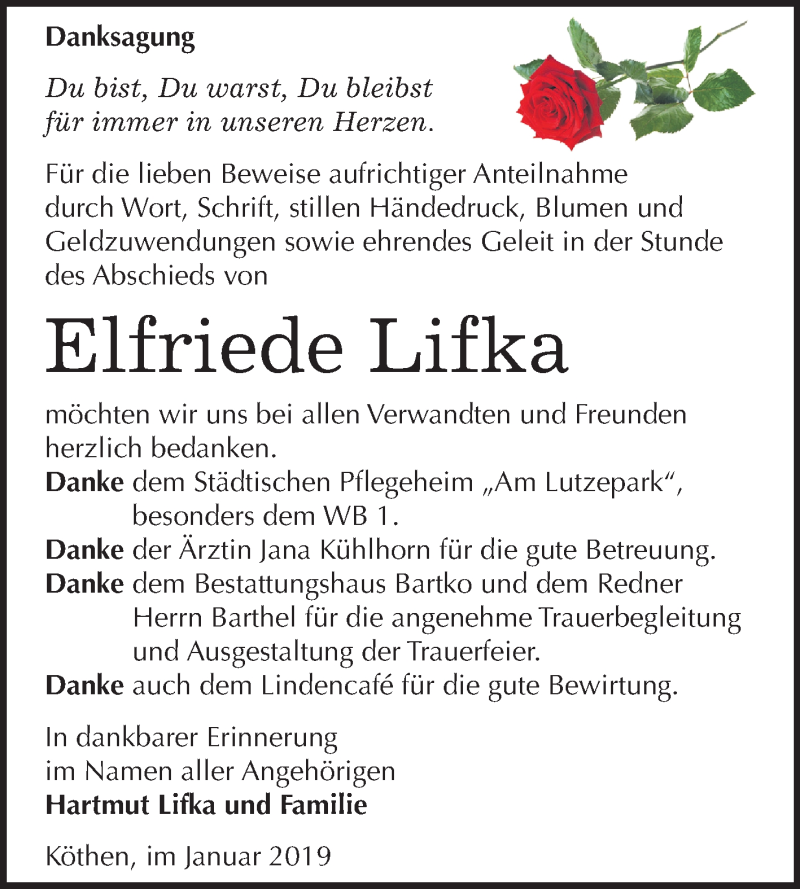 Traueranzeigen Von Elfriede Lifka Www Abschied Nehmen De