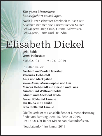 Traueranzeige von Elisabeth Dickel von Super Sonntag SGH Mansf. Land