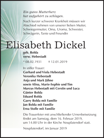 Traueranzeige von Elisabeth Dickel von Mitteldeutsche Zeitung Quedlinburg