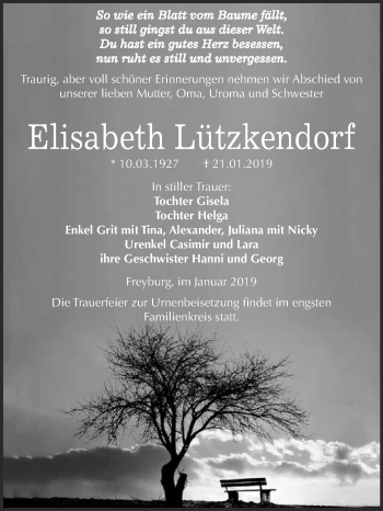 Traueranzeige von Elisabeth Lützkendorf von WVG - Wochenspiegel NMB / WSF / ZTZ