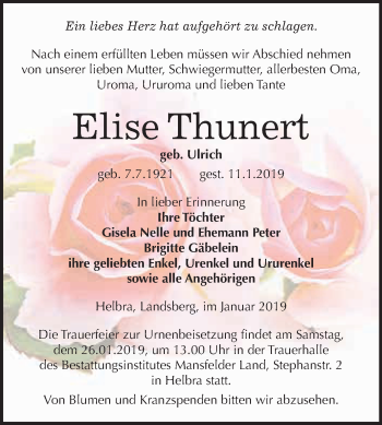 Traueranzeige von Elise Thunert von Wochenspiegel Mansfelder Land