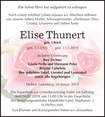 Traueranzeige von Elise Thunert von Mitteldeutsche Zeitung