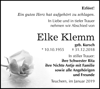 Traueranzeige von Elke Klemm von Mitteldeutsche Zeitung Weißenfels