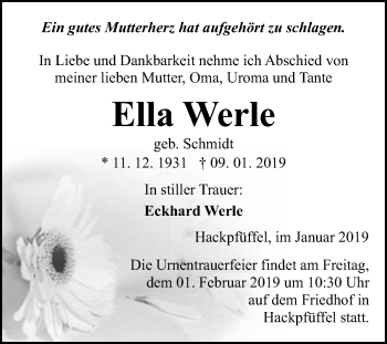 Traueranzeige von Ella Werle von Mitteldeutsche Zeitung Sangerhausen
