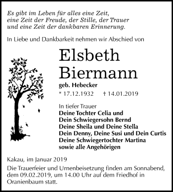 Traueranzeige von Elsbeth Biermann von WVG - Wochenspiegel Wittenberg