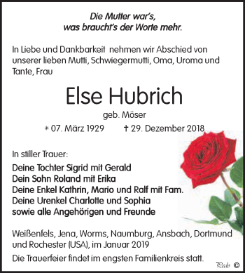 Traueranzeige von Else Hubrich von WVG - Wochenspiegel NMB / WSF / ZTZ