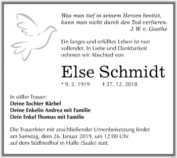Traueranzeige von Else Schmidt von Mitteldeutsche Zeitung Halle/Saalkreis