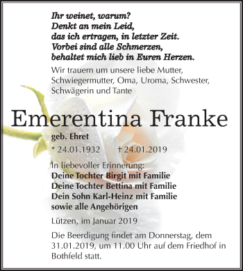 Traueranzeige von Emerentina Franke von Mitteldeutsche Zeitung Weißenfels