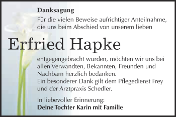 Traueranzeige von Erfried Hapke von WVG - Wochenspiegel NMB / WSF / ZTZ
