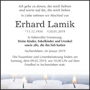 Traueranzeige von Erhard Lamik von Super Sonntag Aschersleben