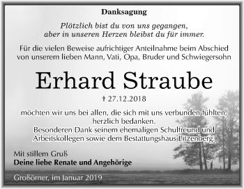 Traueranzeige von Erhard Straube von Mitteldeutsche Zeitung Mansfelder Land
