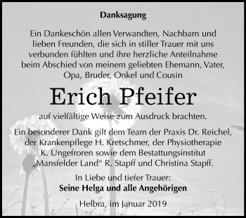 Traueranzeige von Erich Pfeifer von Mitteldeutsche Zeitung Mansfelder Land
