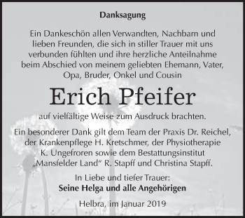 Traueranzeige von Erich Pfeifer von Wochenspiegel Mansfelder Land