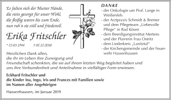 Traueranzeige von Erika Fritschler von WVG - Wochenspiegel NMB / WSF / ZTZ