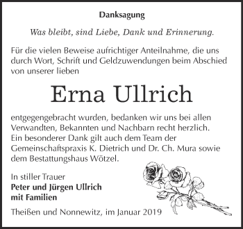 Traueranzeige von Erna Ullrich von Super Sonntag Zeitz