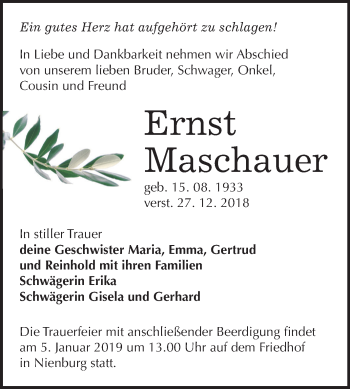 Traueranzeige von Ernst Maschauer von Mitteldeutsche Zeitung Bernburg