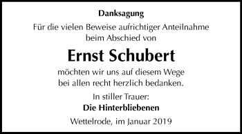 Traueranzeige von Ernst Schubert von Mitteldeutsche Zeitung Sangerhausen