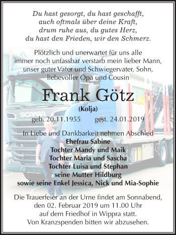Traueranzeige von Frank Götz von Mitteldeutsche Zeitung