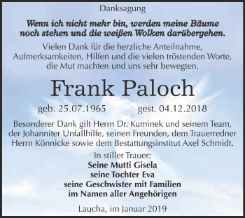 Traueranzeige von Frank Paloch von WVG - Wochenspiegel NMB / WSF / ZTZ