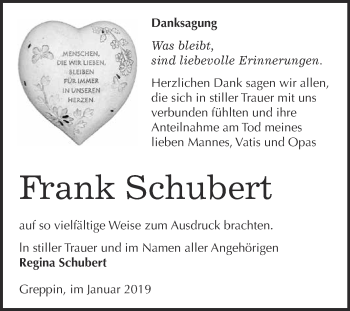 Traueranzeige von Frank Schubert von WVG - Wochenspiegel Bitterfeld