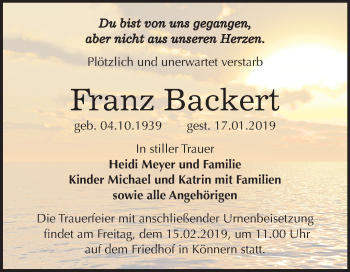 Traueranzeige von Franz Backert von Mitteldeutsche Zeitung Bernburg