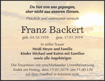 Traueranzeige von Franz Backert von Super Sonntag Bernburg