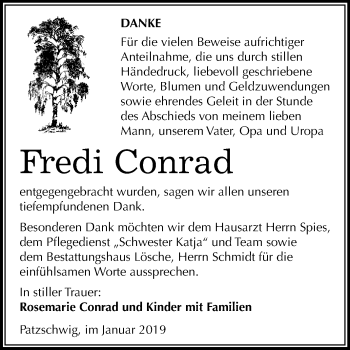 Traueranzeige von Fredi Conrad von WVG - Wochenspiegel Wittenberg