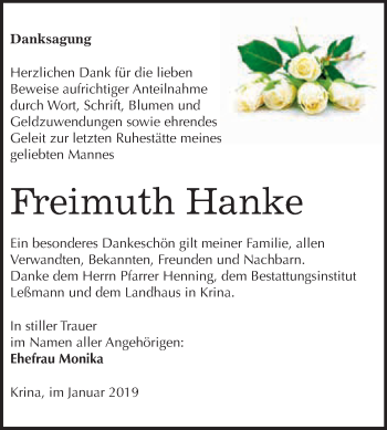 Traueranzeige von Freimuth Hanke von WVG - Wochenspiegel Bitterfeld